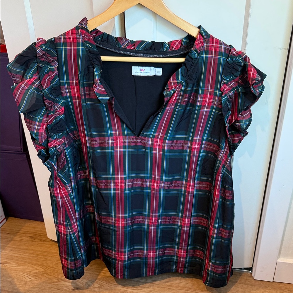 Vineyard Vines Plaid Ruffle Sleeve Top